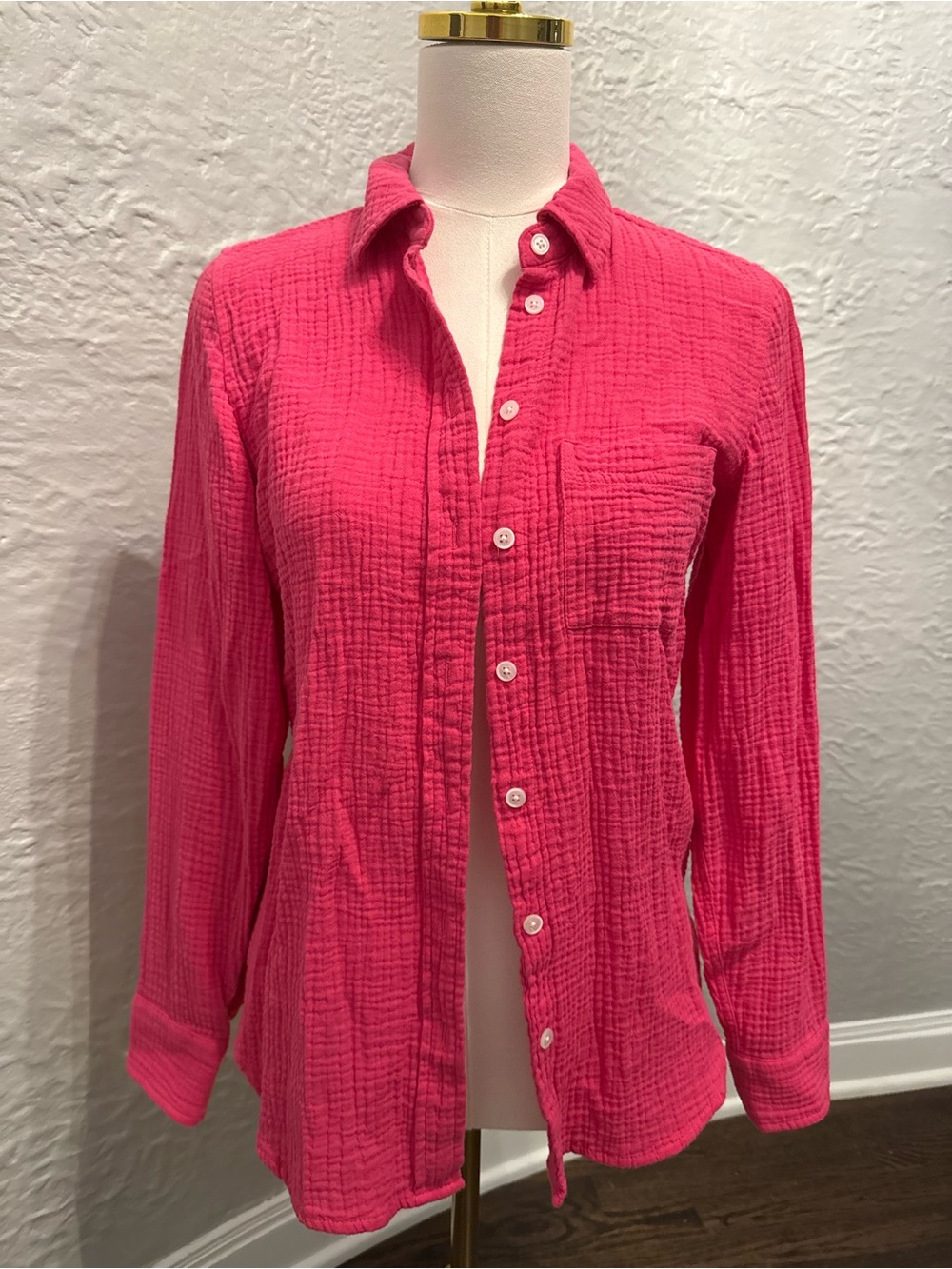 J Crew Women’s Lightweight Textured Button-Up Shirt - Hot Pink